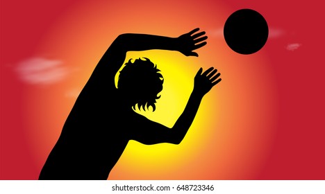 Vector silhouette of man who play volleyball at sunset.