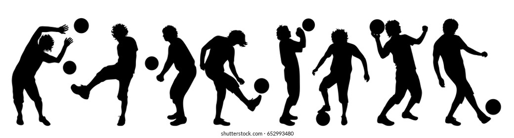 Vector silhouette of man who play football on white background.