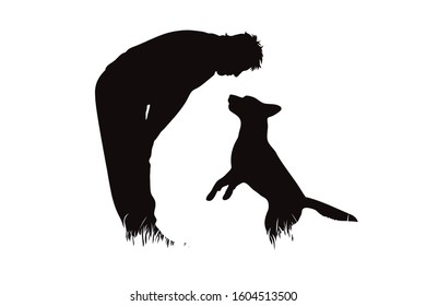 Vector silhouette of man who playing with his dog in the grass on white background. Symbol of pet, animal, game, nature, park, garden.