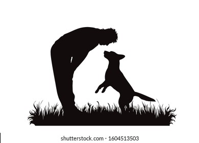 Vector silhouette of man who playing with his dog in the grass on white background. Symbol of pet, animal, game, nature, park, garden.