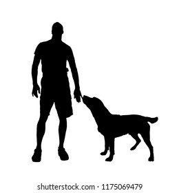 Vector silhouette of man who plays with his dog on white background.