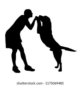 Vector silhouette of man who plays with his dog on white background.
