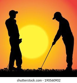 Vector silhouette of a man who plays golf on an orange background.