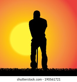 Vector silhouette of a man who plays golf on an orange background.