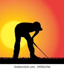 Vector silhouette of a man who plays golf on an orange background.