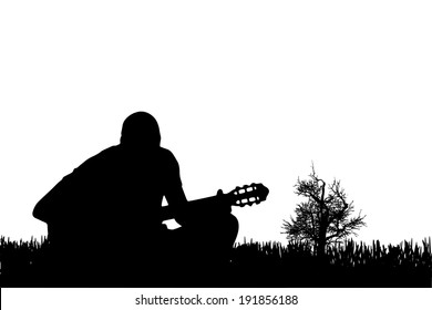 Vector silhouette of a man who plays guitar in nature.