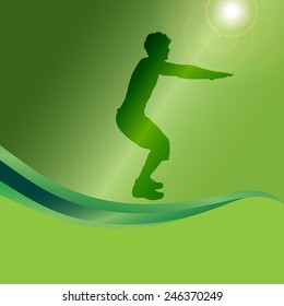 Vector silhouette of a man who practice on a green background.