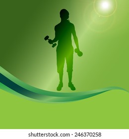 Vector silhouette of a man who practice on a green background.