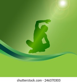 Vector silhouette of a man who practice on a green background.