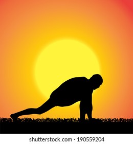 Vector silhouette of a man who practices at sunset. 