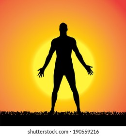 Vector silhouette of a man who practices at sunset. 