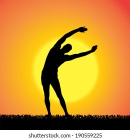 Vector silhouette of a man who practices at sunset. 