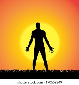 Vector silhouette of a man who practices at sunset. 