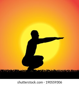 Vector silhouette of a man who practices at sunset. 