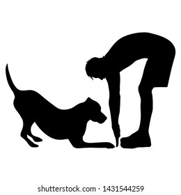 Vector silhouette of man who practicing with his dog on white background. Symbol of friends and funny activities.