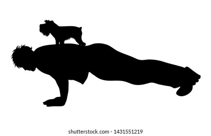 Vector silhouette of man who practicing with his dog on white background. Symbol of friends and funny activities.