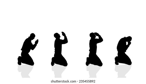 Vector silhouette of a man who prays on a white background.