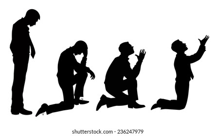 Vector silhouette of a man who prays on a white background. 