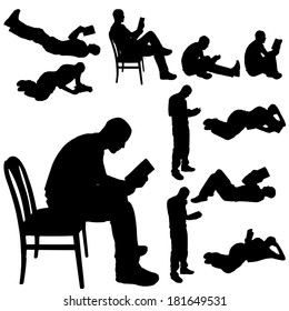 Vector silhouette of a man who is reading a book.