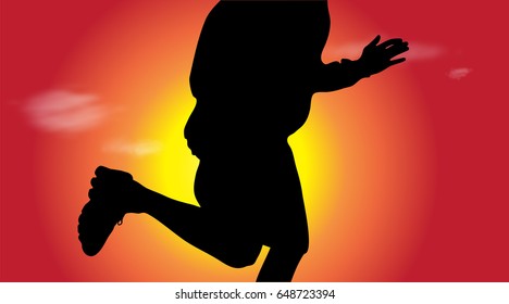 Vector silhouette of man who run at sunset.
