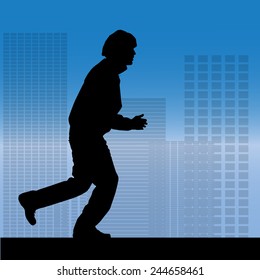 Vector silhouette of a man who running in city.