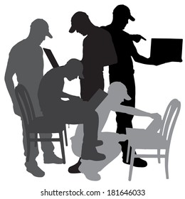 Vector silhouette of a man who is sitting on a chair on a white background. 