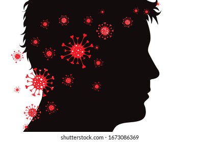 Silueta vectorial del hombre que está esparciendo bacterias sobre fondo blanco. Símbolo de enfermedad y coronavirus.