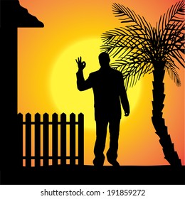 Vector silhouette of a man who stands in front of the house.