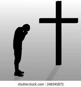 Vector silhouette of a man who stay in front of a cross.