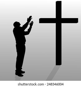 Vector silhouette of a man who stay in front of a cross.