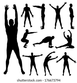 Vector Silhouette Of A Man Who Is Stretching On A White Background.