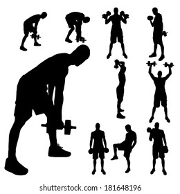 Vector silhouette of a man who trains with dumbbells.