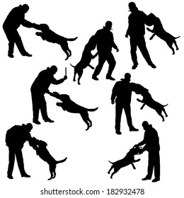 Vector silhouette of a man who trains the dog in defense.