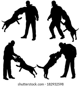 Vector silhouette of a man who trains the dog in defense.