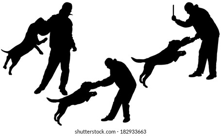 Vector silhouette of a man who trains the dog in defense.