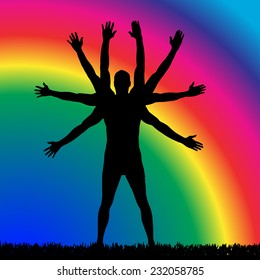 Vector silhouette of a man who trains on rainbow background.