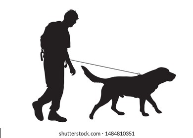 Vector silhouette of man who walk with his dog with leash on white background. Symbol of animal, pet, friends,walk.