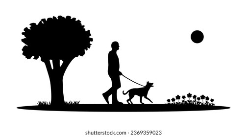 “SHOTLISTS3niorLife”. Vector silhouette of man who walk with his dog with leash on white background. Symbol of animal, pet, dog, man, walk, walker, tree, grass, flower, sun, park. Love dog. Lifestyle.