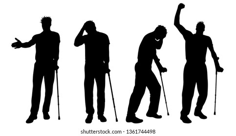 Vector silhouette of man who walking with crutches on white background. Symbol of injury.
