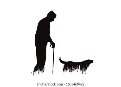 Vector silhouette of man who walking with his dog in the grass on white background. Symbol of pet, animal, trip, hike, nature, park, garden.