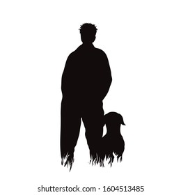 Vector silhouette of man who walking with his dog in the grass on white background. Symbol of pet, animal, trip, hike, nature, park, garden.