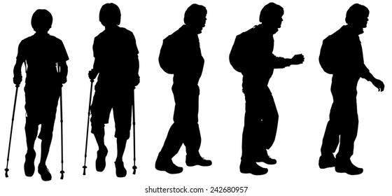 Vector silhouette of a man who walks with Nordic walking.