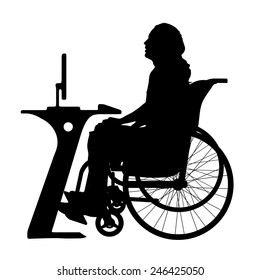 Vector silhouette of a man who is in a wheelchair and works with the computer.