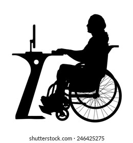 Vector silhouette of a man who is in a wheelchair and works with the computer.