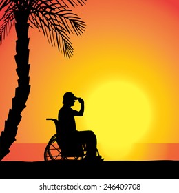 Vector silhouette of man who is in wheelchairs.