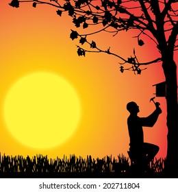 Vector silhouette of man who work in the garden.