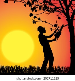 Vector silhouette of man who work in the garden.