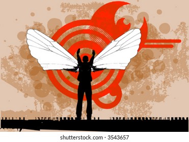 vector silhouette man with wings on grunge background
