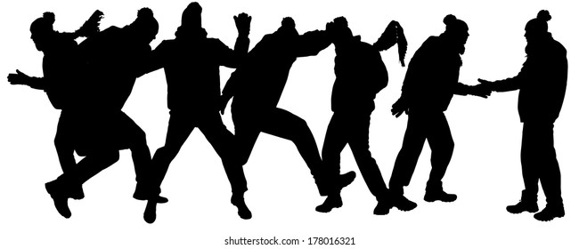 Vector silhouette of man in winter clothes on a white background. 