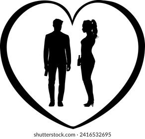 Vector silhouette man and woman body with heart - love and partnership